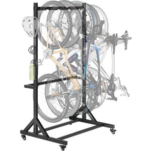 monTEK Freestanding Bike Storage Rack for 5 Bikes, Heavy Duty 350LBS Vertical Bike Stand with 5 Bike Hooks & 6 Helmet Hooks, Indoor and Outdoor Bike Storage Rack with Locking Casters