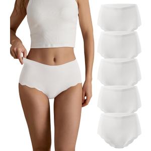 SHARICCA Seamless High Waisted Underwear for Women Cheeky Underwear Wave Edge No Show Bikini Panties Ribbed Panties Pack (Medium, All White)