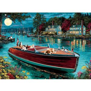 300 Piece Puzzles for Adults, 300 Piece Puzzles for Adults Large Piece, Nighttime Lake Boat Dogs Cats Jigsaw Puzzle Funny Gift for Adult Kids Challenging Family Games Toy, 20.5 X 15 in