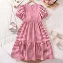 EIAY Shop Girls Floral Casual Dress Puff Sleeve Plaid Smocked Dresses Square Neck for 7-12 Years (9-10 Years, Red Grid)