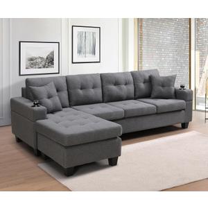 Wakefit Sectional Sofa Couch, Modern 4-Seaters Living Room Furniture Sets with Reversible Chaise Lounge & 2 Pillows | L Shape Couch | Cup Holders | Linen Fabric, Gray (96 Inches, Grey)