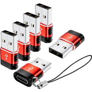 USB to USB C Adapter 6 Pack,USB Type C Adapter,USB A to C Adaptor,USBC Female USBA Male Converter for iPhone 16 15 14 13,MacBook,iPad,Car Play,Charger,Red