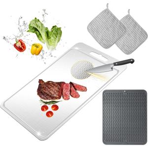Titanium Cutting Board-Pure Titanium Cutting Boards For KitchenDouble-Sided Metal Cutting Board with Juice Groove, Separates Meat and Vegetables, Dishwasher Safe (Pattern 1410 Inch) (Large)