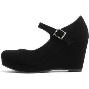 Soda Merry ~ Womens Mary Jane Strap Comfortable Platform Wedge Pump Heel Shoes  (7.5, Black Nubuck)