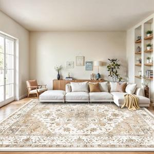 Amada 8x10 Area Rugs, Low-Profile Large Washable Area Rug with Non-Slip Backing & Durable Edge Binding, Vintage Rugs for Living Room, Bedroom, Dining Room (Beige)