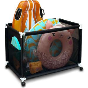 Pool Float Storage- Durable Mesh Pool Storage Bin with Wheels, Ideal for Organizing Pool Floats, Noodles, Toys, and Outdoor Equipment  Easy Mobility with Brake Function for Secure Storage