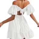 Phortric Womens Summer Tie Back Dress Square Neck Lantern Sleeve Off Shoulder Casual Mini Dresses (Large)