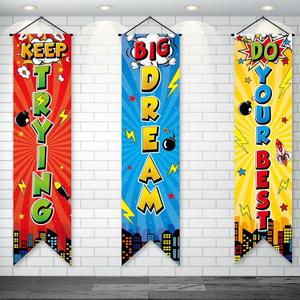 3Pcs Hero Party Decoration Super Party Banners Hero Wall Backdrop Porch Sign Inspirational Cityscape Photography Booth Background for Fun Super Birthday Party School Classroom Door Hangings Decoration