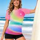 AOBUTE Women Short Sleeve Rash Guard Gradient Sun Protection Swim Shirts, Medium