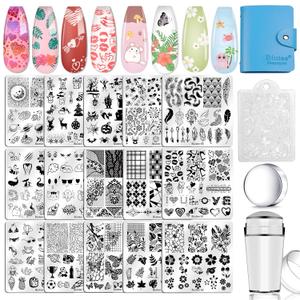 Biutee Nail Stamping Plates Set 15PCS Nail Art Stamper Scraper Nail Art Stamping Kit with Storage Bag Gift Box Nail Stamp Template Kit Lace Flower Butterfly Star Holiday Valentine's Day Design
