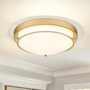 16" Flush Mount Ceiling Light, Farmhouse Style, Frosted Glass Shade,Brass Gold, for Living Room, Bedroom, Dining – CKCL4822-3W-BB