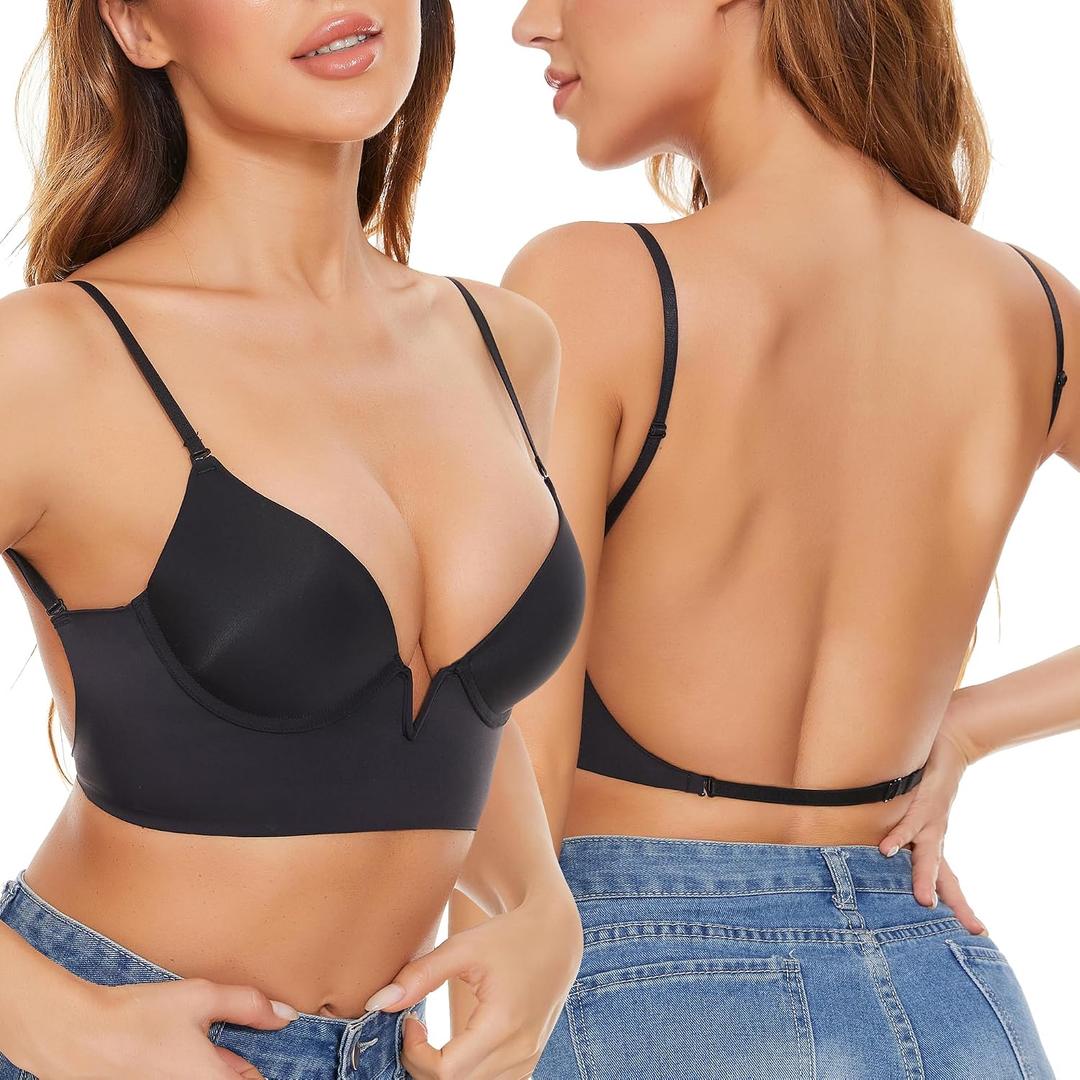 Low Back Bras-Seamless Deep-V Plunge Invisible Backless Bra-Lightly Lined Underwire Halter Multiway Low Cut Bra 34B (Black)