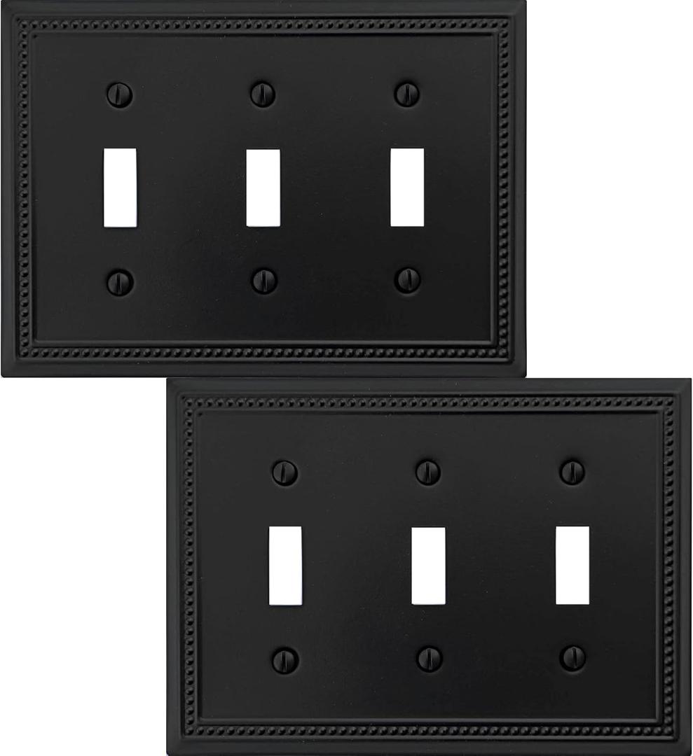 OKAWYC Triple Toggle Light Switch Cover Belaire Beaded Metal Wall Plate, 2-Pack Black 3 Gang, for Light Switch Cover Decorative Wallplate, Durable