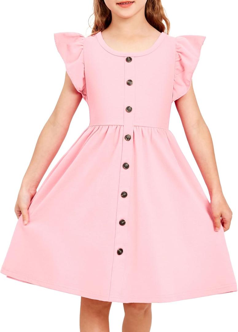 Arshiner Toddler Girls Dresses Flutter Sleeve Decorative Button Down A-line Sundress (5-6 Years, Pink)
