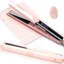 ANGENIL Plancha de pelo y rizador 2 en 1, alisador de pelo rosa de doble voltaje de titanio, plancha plana inica de silicona antiquemaduras con alfombrilla de silicona resistente al calor y cepillos
