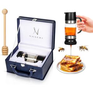 Glass Honey Dispenser with Wood Dipper Stick - No Drip Bottom Spout, Easy Pouring for Kitchen Convenience. Multipurpose for Syrup & Salad Dressing. Luxury Case for Gift & Storage