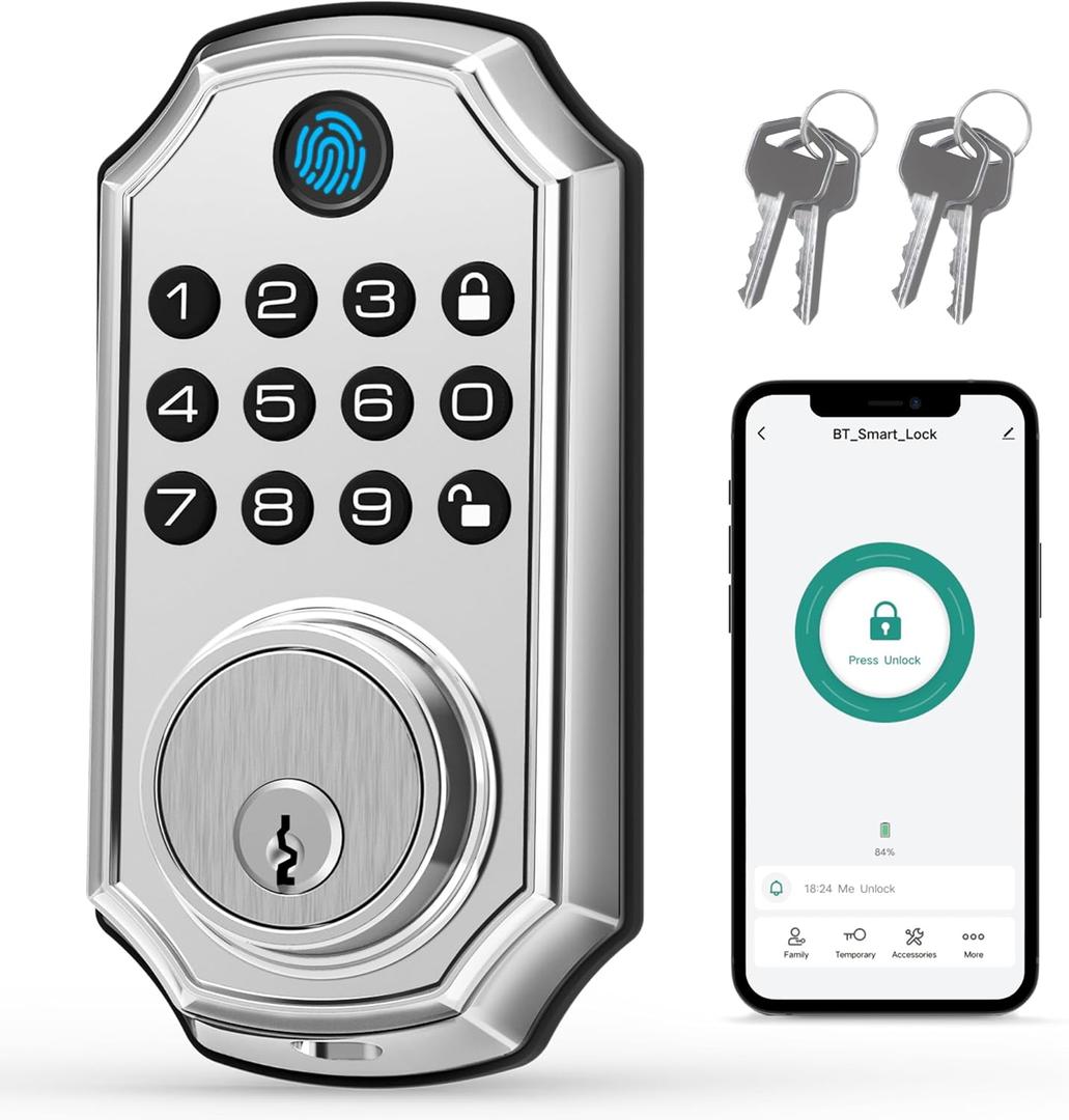 LOCK&SOLVER Keyless Entry Door Lock, Smart Lock for Front Door, Keypad Fingerprint Doorlock, App Remote Control, One-Time Code, Auto Lock, Easy Installation with Video Guide, Rust-Resistant Zinc (Satin Nickel)