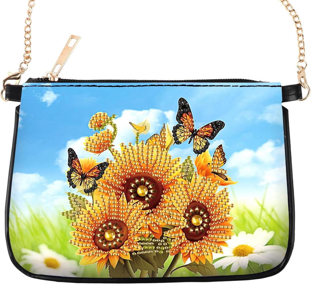 antor DIY Diamond Painting Chain Crossbody Bag, Sunflower and Butterfly Pattern Handmade PU Leather Rhinestone Diamond Art Shoulder Bag, Stylish DIY Diamond Painting Kit for Women