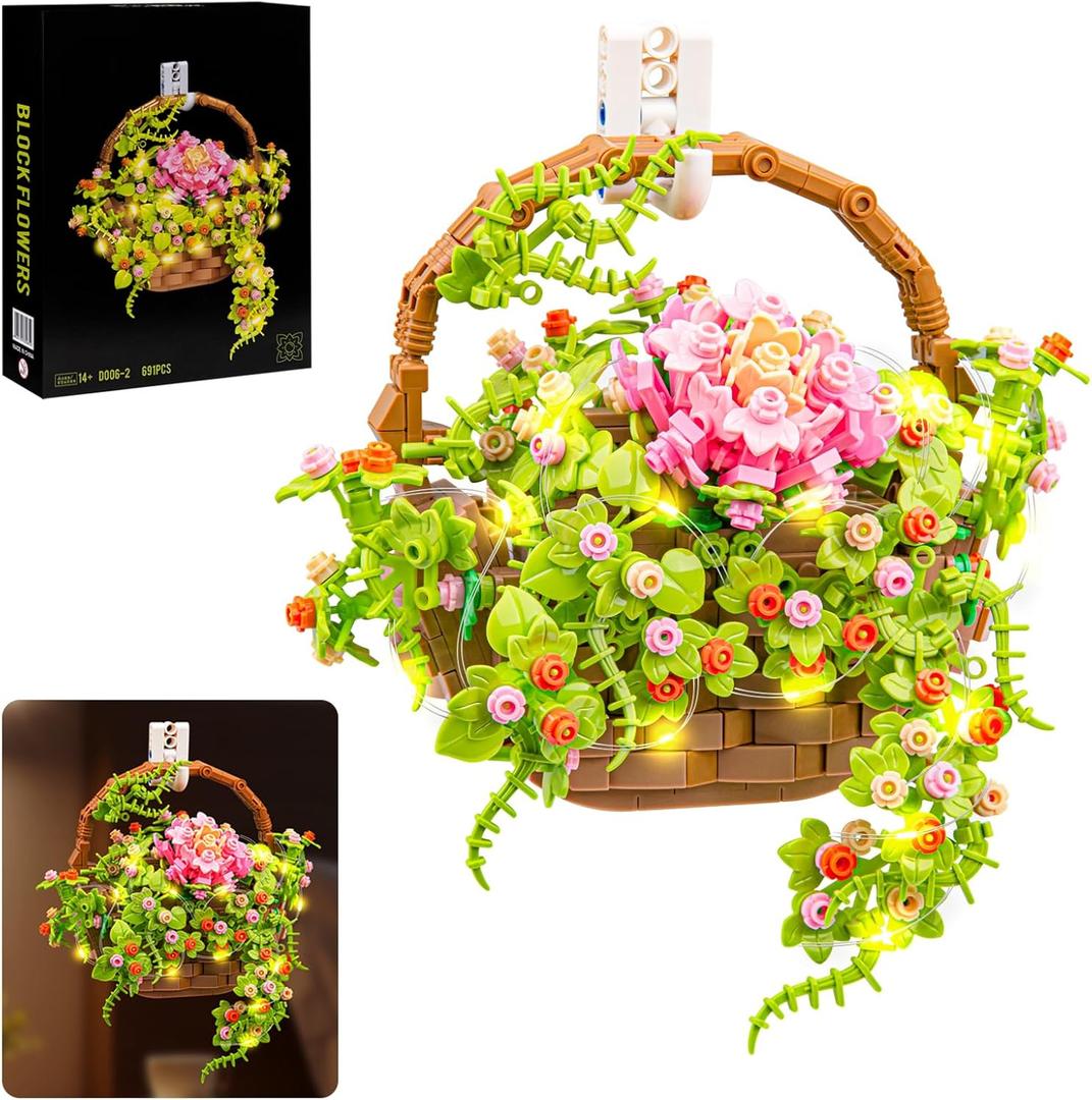 SATHIBI Flower Bouquet Building Set, Flowers Basket Bonsai Plants with Light, Botanical Collection Wall Decor, Creative Building Toy Gift for Adults (691 PCS)