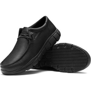 NINGO Leather Non Slip Shoes for Men Women, Slip On Water Resistant Work Loafers, Slip Resistant Lightweight Breathable Chef Footwear & Sneakers for Kitchen/Restaurant Staff and Hospitality (10 Women/8.5 Men, Black)