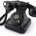 Old Fashioned Landline Phones with Classic Metal Bell, 1960s Vintage Corded Dial Phone Classic Old Fashion Telephones Wired Desk Telephone for Office and Home, Black