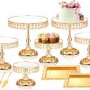 12 Pieces Gold Cake Stand Set, Vintage Cake Display Stand with Crystal Edge and Cupcake Display Tray, Dessert Table Display Set for Wedding Party Baby Shower Anniversary Celebration