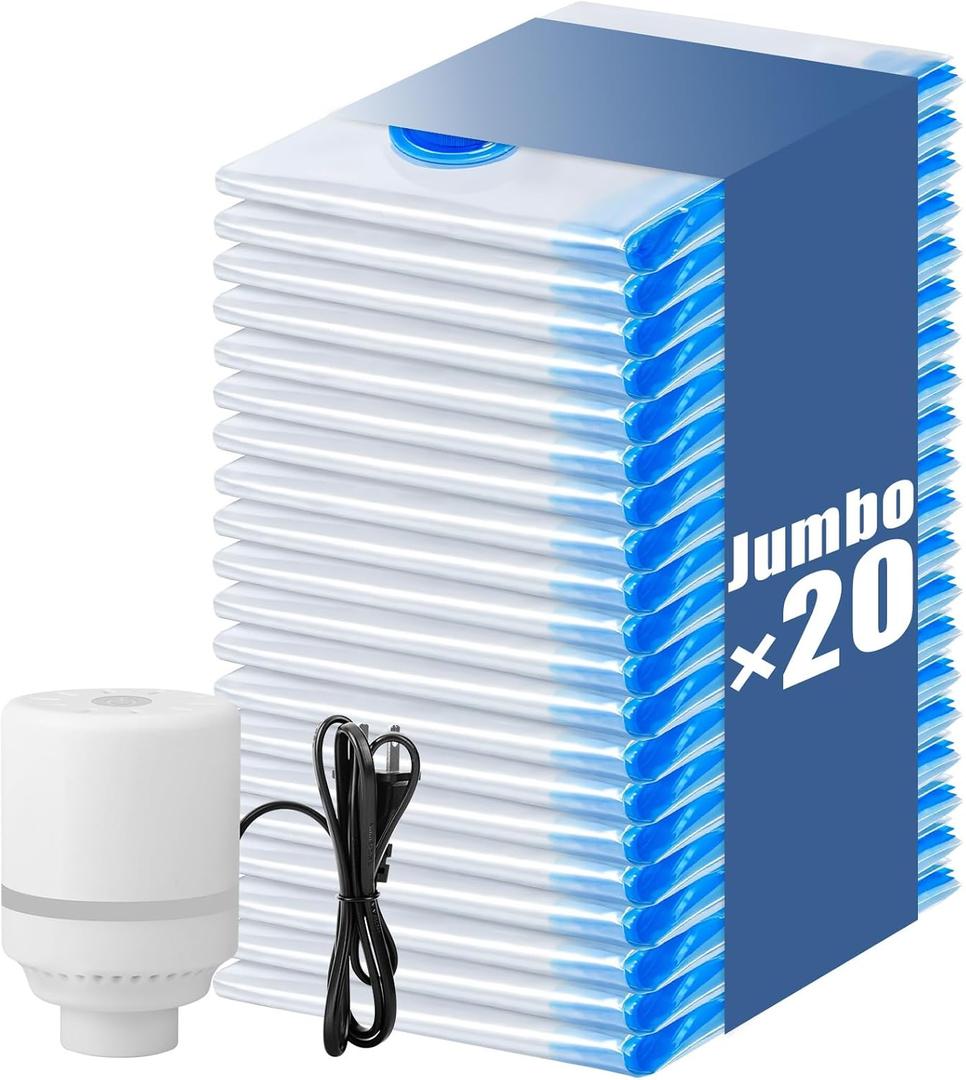 20 Jumbo Vacuum Storage Bags with Electric Pump, Vacuum Seal Bags for Clothing Space Saver Compression Storage Bag Large for Clothing Travel Comforters Blankets Pillows Bedding Duvets Clothes (Blue)