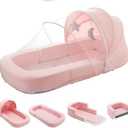 Toddler Baby Travel Bassinet Bed & Chair, Fold Out Sofa Couch Lounger with 2-1 Mosquito & Canopy, Foldable Portable Travel Cot with Foam Raised Safety Bumpers for Infant Toddlers 0-36 Months (Pink)