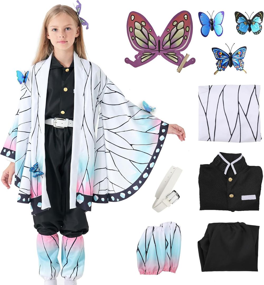 VZQI Halloween Cosplay Kids Costumes Kochou Shinobu Girls Anime Kimono Halloween White Cloak, Size: Kid XL