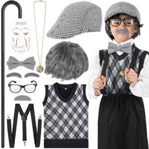 Joycover Old Man Costume For Kids Boys 100 Days Of School Costume Grandpa costume for kids With Real accessories (S(5-7Y))