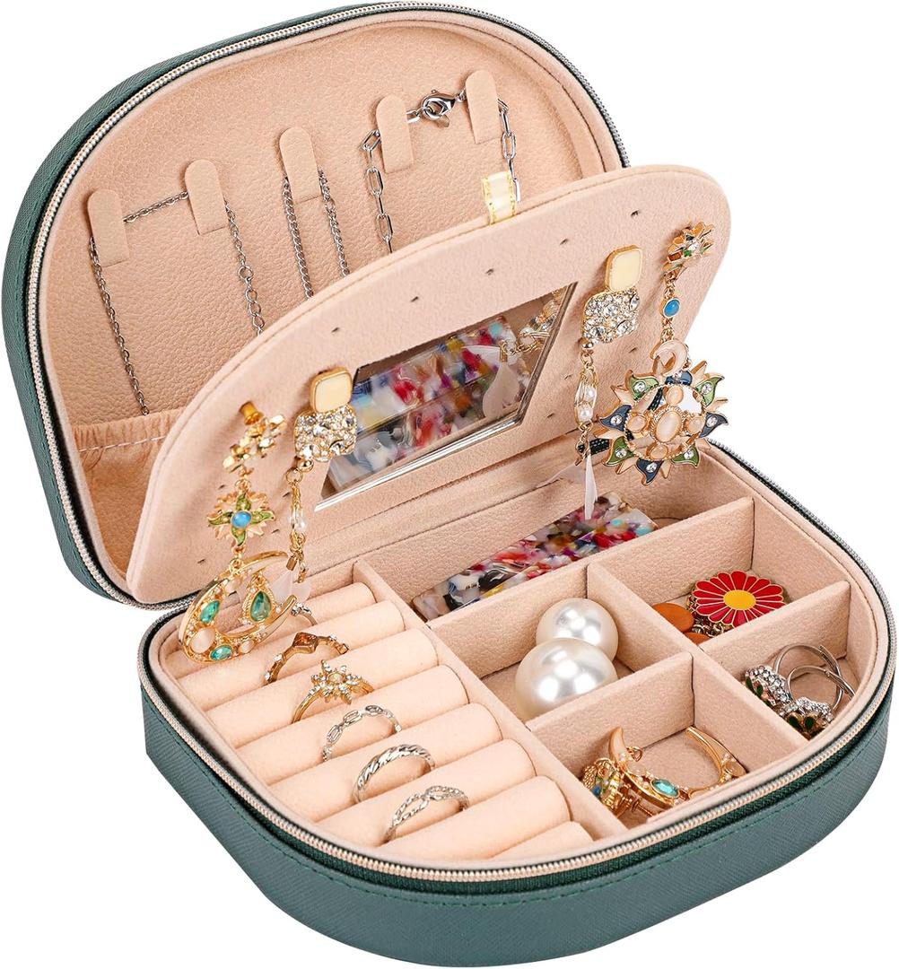 Fixwal Travel Jewelry Box, Small Jewelry Organizer PU Leather with Mirror for Earring Necklace Bracelet Ring Holder Box for Women Girl (Emerald)