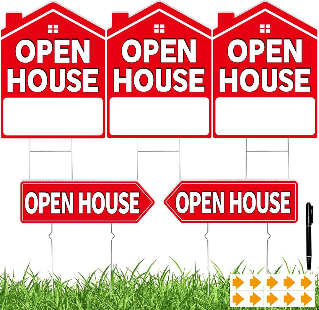 Open House Signs for Real Estate 5 Pack, 17"x13" Open House Sign Double Sided Waterproof, Directional Arrows with Metal Stakes for Real Estate Agent, Property Sale Red