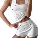 SOLY HUX Women's Summer 2 Piece Outfits Heart Print Sleeveless Tank Tops and Shorts Matching Set Lounge Set (White, M)