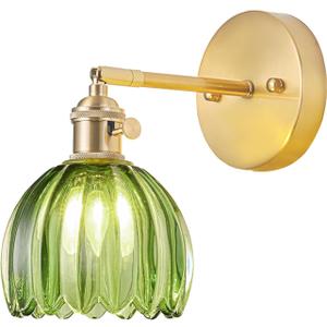 Hardwired Wall Sconce Light, Vintage Wall Sconce with Switch, Gold Wall Light Fixture with Tulip Green Glass Lampshade, Indoor Wall Light for Bedroom Bathroom, Bedside Wall Lamp