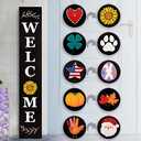 Perfnique Welcome sign for front porch standing, 47 x 7.9 Inch Wooden Leaner Sign with 10 Interchangeable Designed Icons, Seasonal Decor for Spring Easter Fall Christmas(Black)