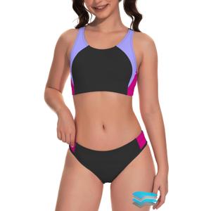 Beautikini Period Swimwear Two Piece Menstrual Leakproof Sporty Bikini Sets Bathing Suit Period Swimsuit for Teen Girls (Large, Black Purple)
