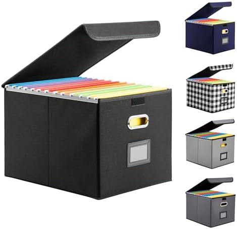 Hleelomi File Organizer Box, Linen Filing Organizer with Lid, Large Desktop File Boxes, Black