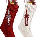 2Pack Personalized Christmas Stockings with Wooden Name Tags, 18 inches Xmas Cable Knitted Stocking for Holiday, Hanging Decoration Gifts for Family Party(White & Red)
