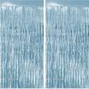 2 Pack Light Blue Fringe Backdrop, 3.2x8.2ft Shining Foil Tinsel Curtains, Birthday Party Decorations Door Streamers for Halloween, Christmas, Wedding, Graduation, Holiday, Theme Events