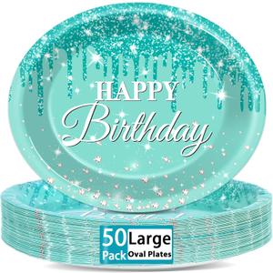 50Pcs Teal and Silver Birthday Oval Paper Plates 11Inch Large Blue Glitter Diamonds Platters Happy Birthday Party Decors Heavy Duty Dish Tray for Girls Women Birthday Gathering Tableware Set Supplies