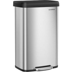 SONGMICS Kitchen Trash Can, 21 Gallon (80 L) Stainless Steel Garbage Can, with Stay-Open Lid and Step-on Pedal, Soft Closure, Tall, Large and Space-Saving, Silver and Black ULTB534E01