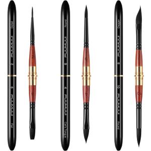 Dual Tip Travel Watercolor Brushes, Fuumuui 3pcs Synthetic Squirrel Hair Set of 6 Versatile Tips with Leather Pouch Perfect for Watercolor Gouache Ink Painting (Black)