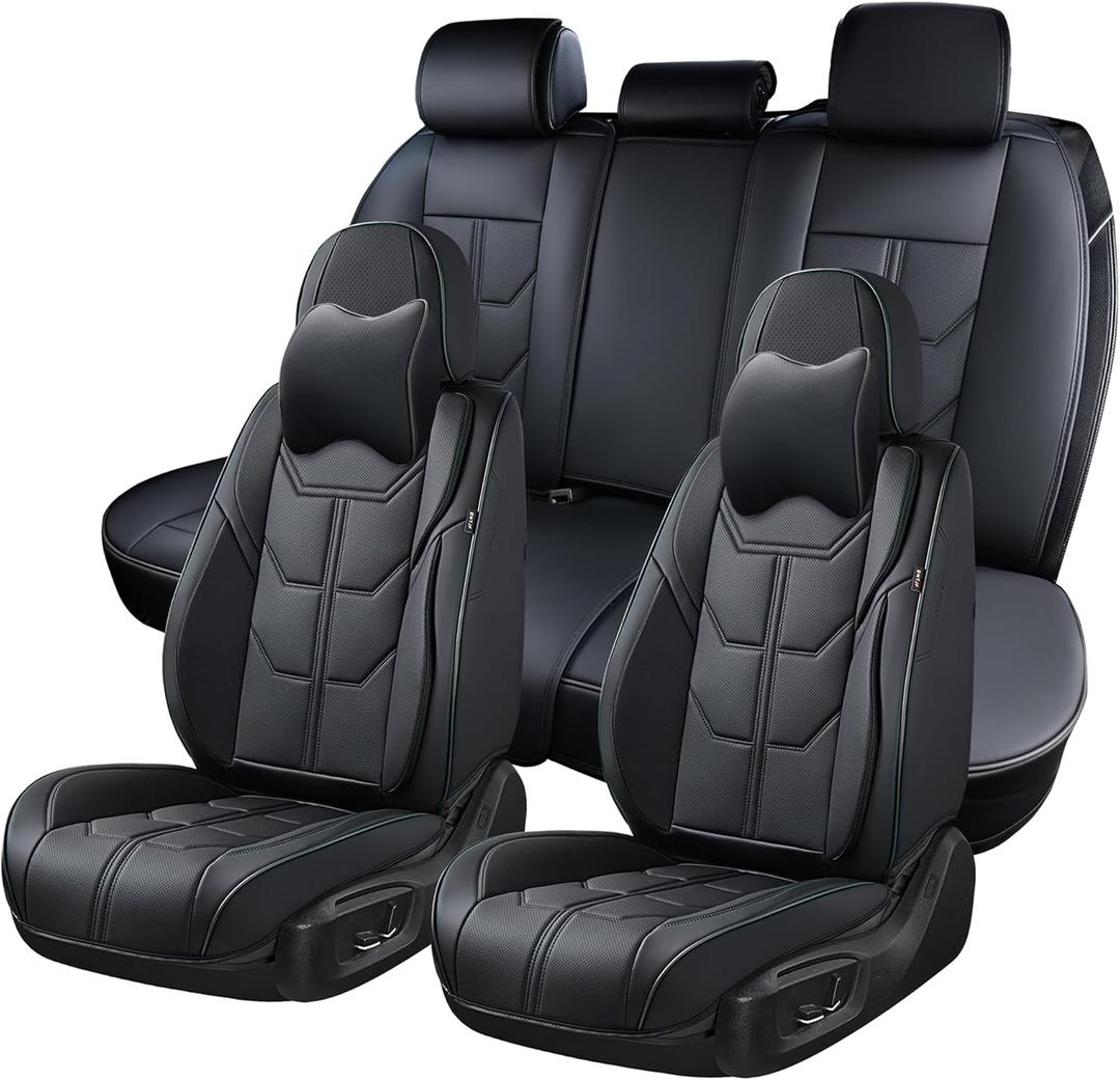Black Car Seat Covers Full Set, Universal Front and Rear Seat Covers for Cars, Waterproof Leather Auto Seat Protectors with Head Pillow, Car Seat Cushions Fit for Most Sedans SUV Pick-up Truck