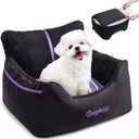 BurgeonNest Dog Car Seat for Small Dogs, Detachable and Washable Cat Carseats Under 25 lbs, Soft Pet Booster Seats with Storage Pockets and Clip-On Leash Portable Car Travel Carrier Bed, Black Purple, Small