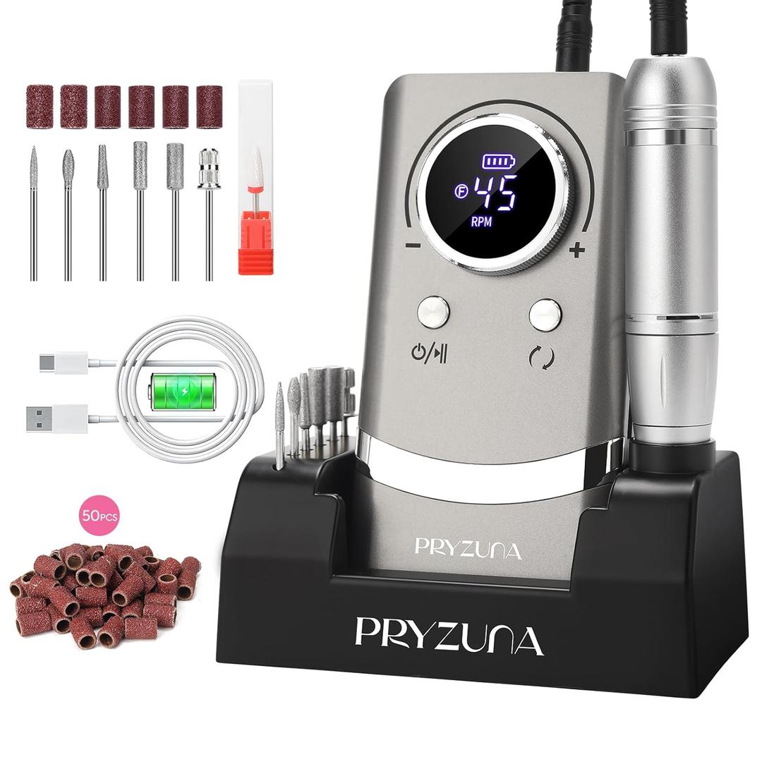 Portable Nail Drill Electric File: 45000RPM Professional Rechargeable Nail E File Machine for Acrylic & Gel Nails, Cordless Efile with 7 Drill Bits, 56 Sanding Bands & Base for Salon Home (Gray)