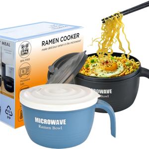 Layron 2 Sets Microwave Ramen Cooker Bowl 45 oz Instant Noodle Bowl with Handles Ramen Noodle Cooker with Spoon Chopsticks Fork Knife College Dorm Room Essentials for Boys Girls (Black, Blue)