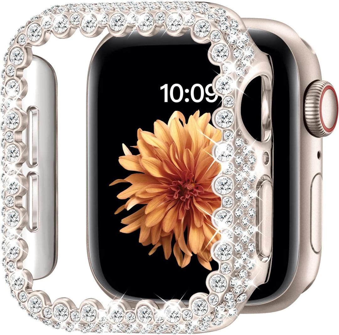 Bling Bumper Case Compatible with Apple Watch Series 9/8/7 45mm, Diamond Protective Face Cover for Women, Hard PC Frame for iWatch 45mm Starlight