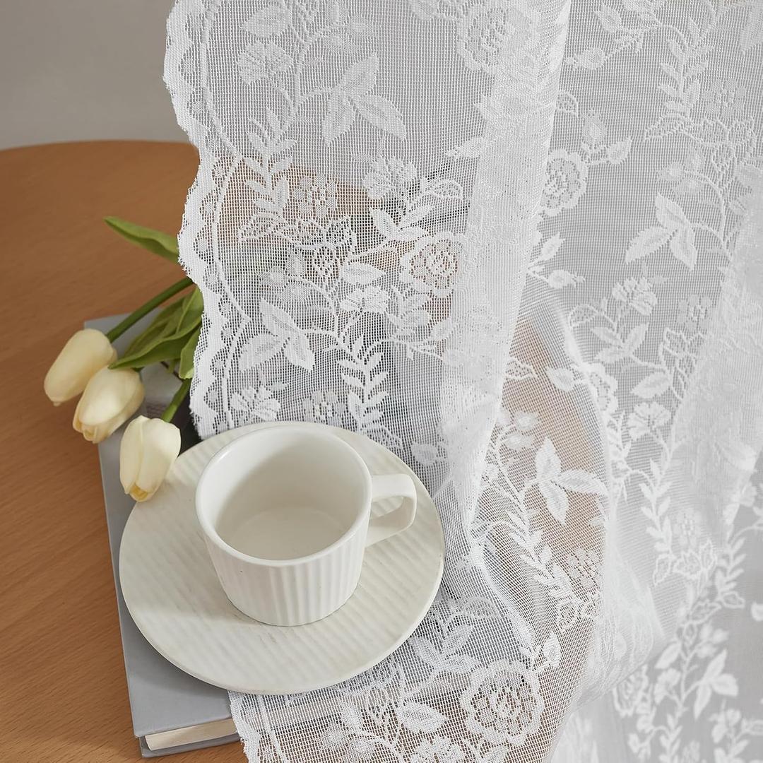 FINECITY Short Lace Curtains 36 Inch Length for Small Window, Rustic Leaf Floral Design White Lace Cafe Curtains 2 Panels, Rod Pocket Privacy Sheer Lace Curtains, 42 x 36 Inch, 1 Pair, White
