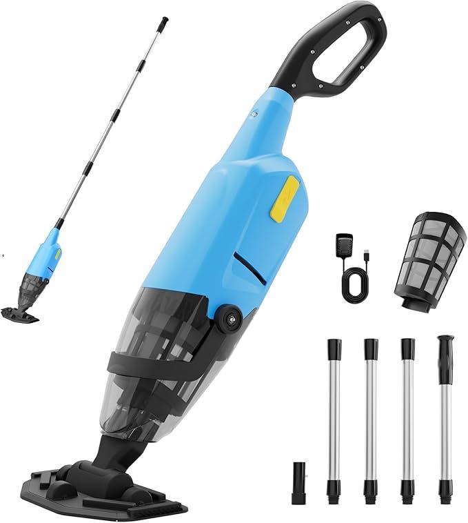 Hushlight Handheld Pool Vacuum for Above Ground Pool, 4-Section Detachable Pole, 18 GPM Powerful Suction, 60 mins Runtime, 120μm Fine Filter, Cordless Pool Cleaner for Leaves, Sand and Debris, Blue
