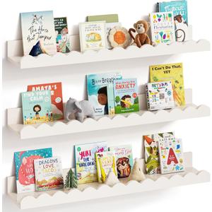 Nursery Book Shelves, Set of 3, Nursery Decor for Baby and Toddler, Scalloped Shelves, Book Shelf for Kids Rooms, Wall Book Shelf for Bedroom Kids, Floating Shelf for Wall (White)